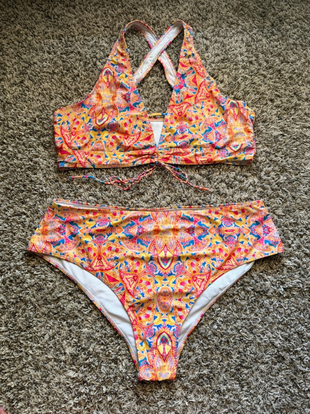 SHEIN Pink Yellow and Blue Paisley Bikini Bottom